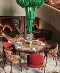 Old style boho kitchen table with a green lighting chandalier.. 