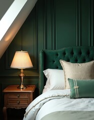 Close-up of bed with green headboard, pillows. Nightstand wood table with lamp provides light. Luxurious dark green wall. Classic interior design apartment. Elegant bedroom features cozy aesthetic,