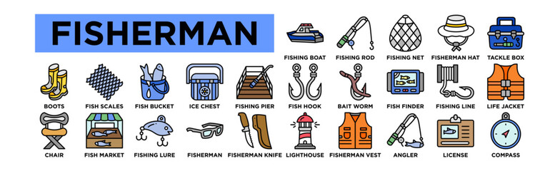 Fisherman  Icon Set. Editable Stroke Icon Collection. Fishing Boat, Fishing Rod, Fishing Net, Fisherman Hat, Tackle Box, Fish Hook, Bait Worm, Fish Finder, Fishing Line, Life Jacket, Fisherman Boots, 
