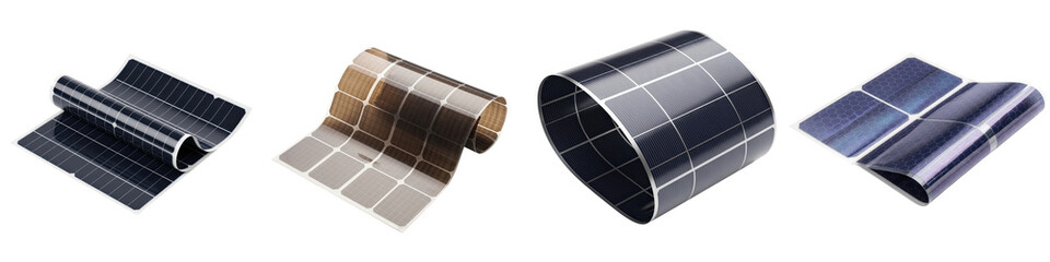 Ultrathin foldable solar film panels in various colors isolated on transparency background showing flexible renewable energy technology