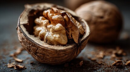Discover the rich texture and natural beauty of a perfectly cracked walnut, a healthy snack.
