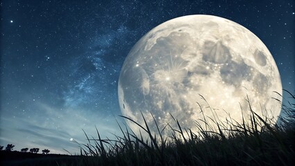 Full moon over grassy field under starry sky at night landscape scene