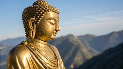 Fototapeta premium Close Up of Golden Buddha Statue on Mountain with Blue Sky and Natural Landscape