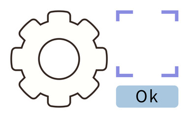 Gear graphic paired with a blue Ok button inside a minimalist frame. Ideal for technology, settings, approval, interface design, completion, system optimization, user confirmation. Simple flat