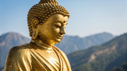 Obraz premium Close Up of Golden Buddha Statue on Mountain with Blue Sky and Natural Landscape