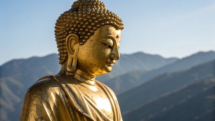 Obraz premium Close Up of Golden Buddha Statue on Mountain with Blue Sky and Natural Landscape