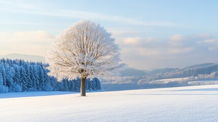 A serene winter landscape featuring a frosted tree amidst a snowy field, surrounded by evergreen trees and distant hills, Ideal for winter themes, nature publications, or holiday cards,