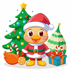 Cute Christmas Santa Duck Cartoon Vector with Gift Bag and Snowflakes”