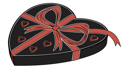 Obraz premium Illustration of a black heart shaped box tied with a red ribbon and small hearts, valentines day