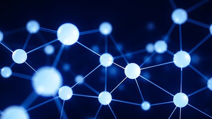 Abstract blue and white interconnected spheres with glowing nodes, symbolizing a digital network on a dark background.