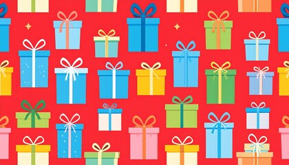 Gift boxes in various colors on a red background.  A repeating pattern