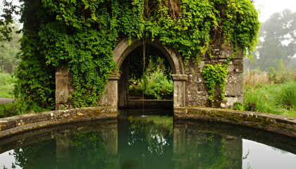 Naklejka premium Stone architecture with water spring and green ivy landscape exterior