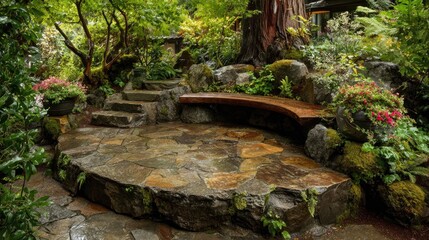 Fototapeta premium Stone patio with wooden bench, lush garden