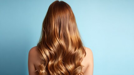 Fototapeta premium A woman with long, wavy red-brown hair stands against a light blue background, showcasing the beautiful texture and shine of her hair.