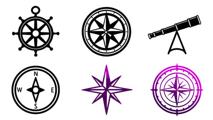 Obraz premium Nautical icons collection featuring compass rose ship wheel and telescope