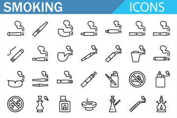 Icon set illustrating the dangers of smoking with no-smoking signs and items.