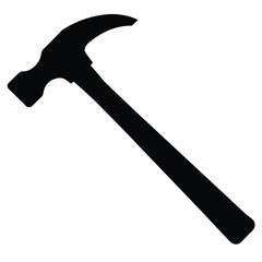 A claw hammer with a black handle is shown on a white background, isolated next to a single nail