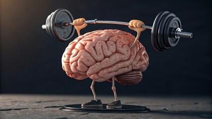 A brain lifting weights, symbolizing mental strength, fitness, and the power of intelligence through exercise and training