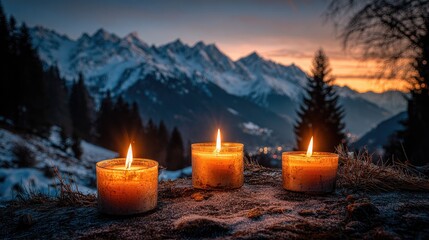 Three candles warm a snowy mountaintop at dusk