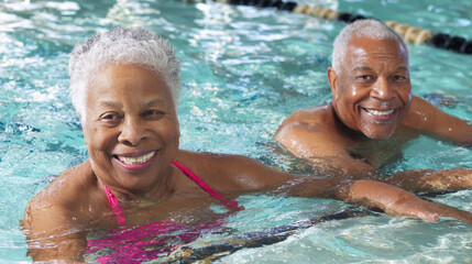 Joyful senior black couple woman and man swim in clear water with a radiant smile
