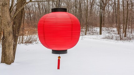A vibrant red lantern hangs amidst a snowy landscape, surrounded by barren trees, This image captures a winter scene, ideal for seasonal decor, cultural themes, or holiday promotions,
