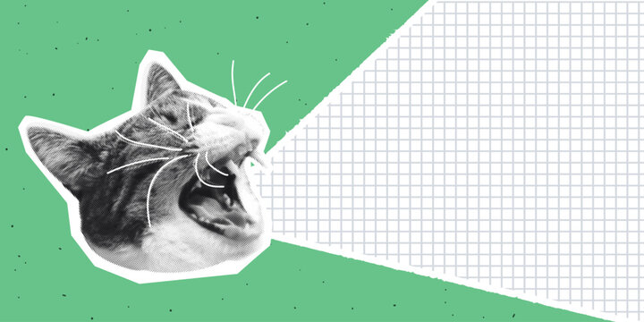 Playful collage design featuring a cat shouting. Halftone style. For school promotions, posters, stationery, social media, classroom