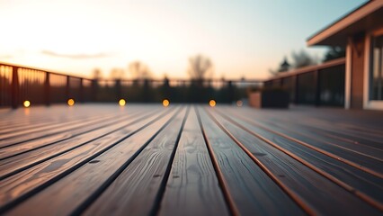 Twilight wooden deck glowing warmly in soft natural light, minimalist and serene.