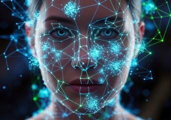 Cybernetic Gaze - A Womans Face Illuminated by a Glowing Biometric Network.