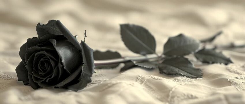 Black rose resting delicately on soft fabric with intricate patterns in a calm indoor setting