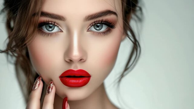 Captivating beauty makeup tutorial featuring striking red lips and flawless skin