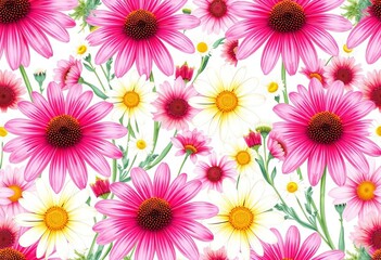 Elegant watercolor pink echinacea & daisy floral seamless pattern , pattern, flowers