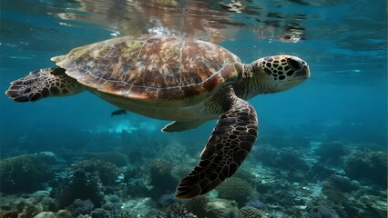 Sea Turtle Swimming Gracefully Over Coral Reef