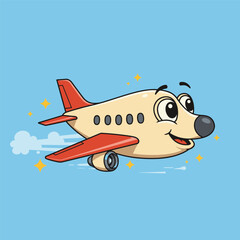 Commercial plane flying away to destination on sky blue background