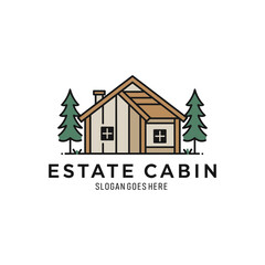 Estate Cabin Logo Line Art Vector Illustration, House Cottage Concept
