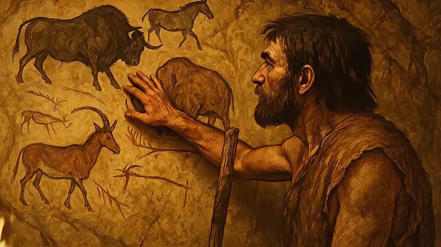 Ancient Caveman Touching Prehistoric Animal Cave Paintings. Stone Age Man Observing Paleolithic Wall Art Depicting Wild Beasts in a Cavern.