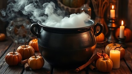 Vintage cauldron bubbling with dry ice fog, surrounded by caramel apples and cinnamon sticks.