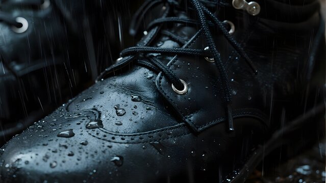 Close-up of Black Leather Boots with Raindrops