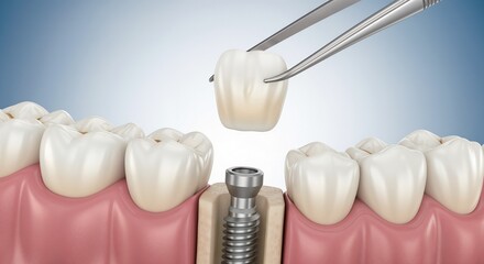 Dental implant procedure showcasing a crown being placed on a dental screw in a clinical setting