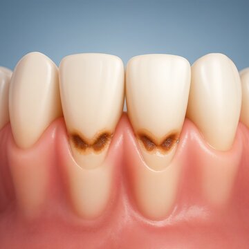Dental decay affects front teeth with visible cavities and gum line exposure under soft lighting