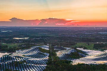 Photovoltaic panels on a hillside at sunset