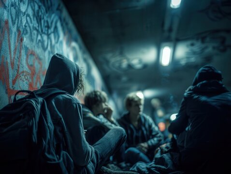a group of teenagers hanging out in a dimly lit urban tunnel 