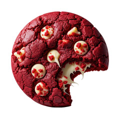 Fototapeta premium Extreme macro a deep crimson red velvet cookie with gooey white chocolate chips, a clean bite taken, revealing moist interior, isolated on transparent, concept of gourmet dessert