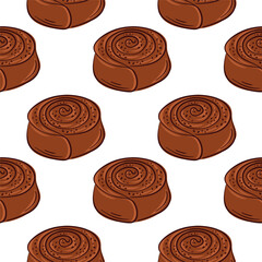 Cinnamon roll pastry seamless pattern in flat style. Ideal for bakery background, food package, cafe menu design and sweet pastry theme.