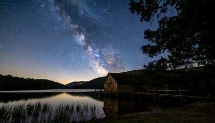 Milky Way over a lake and boathouse