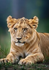 Fototapeta premium Affectionate Lion Cub Over the Shoulder Portrait with Mystical Lighting