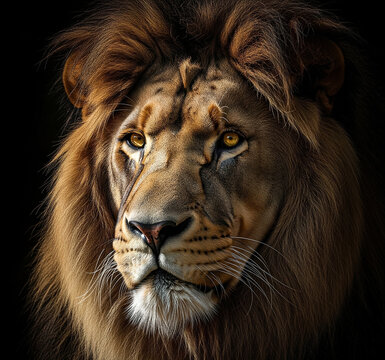 Majestic Male Lion with Golden Eyes Close Up on Black Background