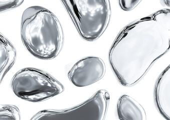 Abstract liquid mercury blobs reflecting light on a clean white background.