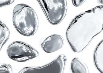 Abstract liquid mercury blobs reflecting light on a clean white background.