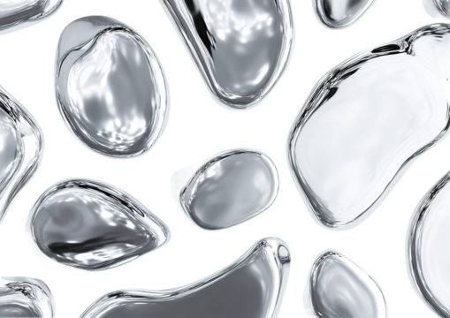 Abstract liquid mercury blobs reflecting light on a clean white background.