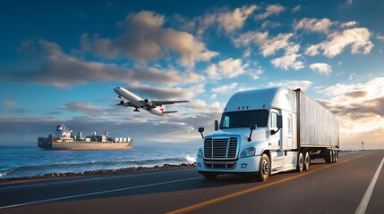 International Cargo Transportation with Truck, Cargo Ship, and Airplane